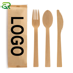 Eco Friendly Restaurant Biodegradable Custom Logo Printed Disposable Cutlery Wooden Spoons Wood Knife Fork Spoon With Bag